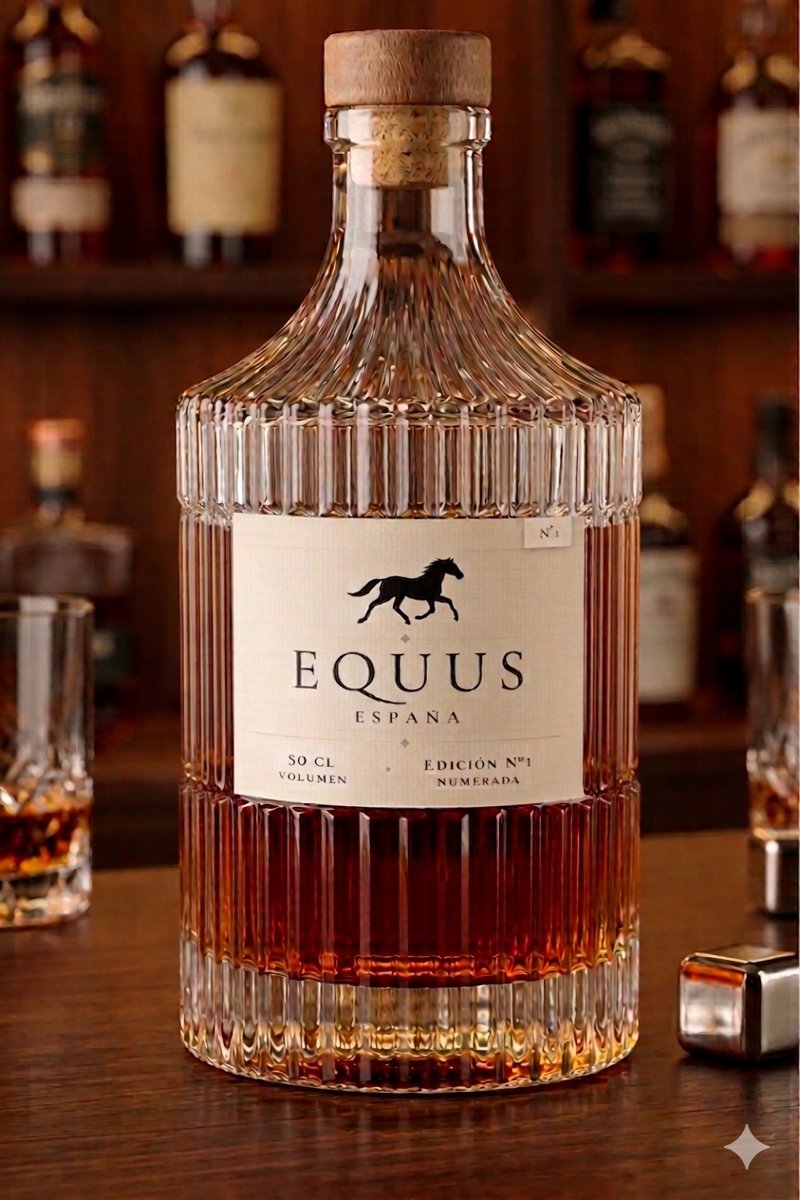 Botella de Equus Edición Nº1: vidrio acanalado, tapón de corcho natural y etiqueta crema con la silueta del caballo