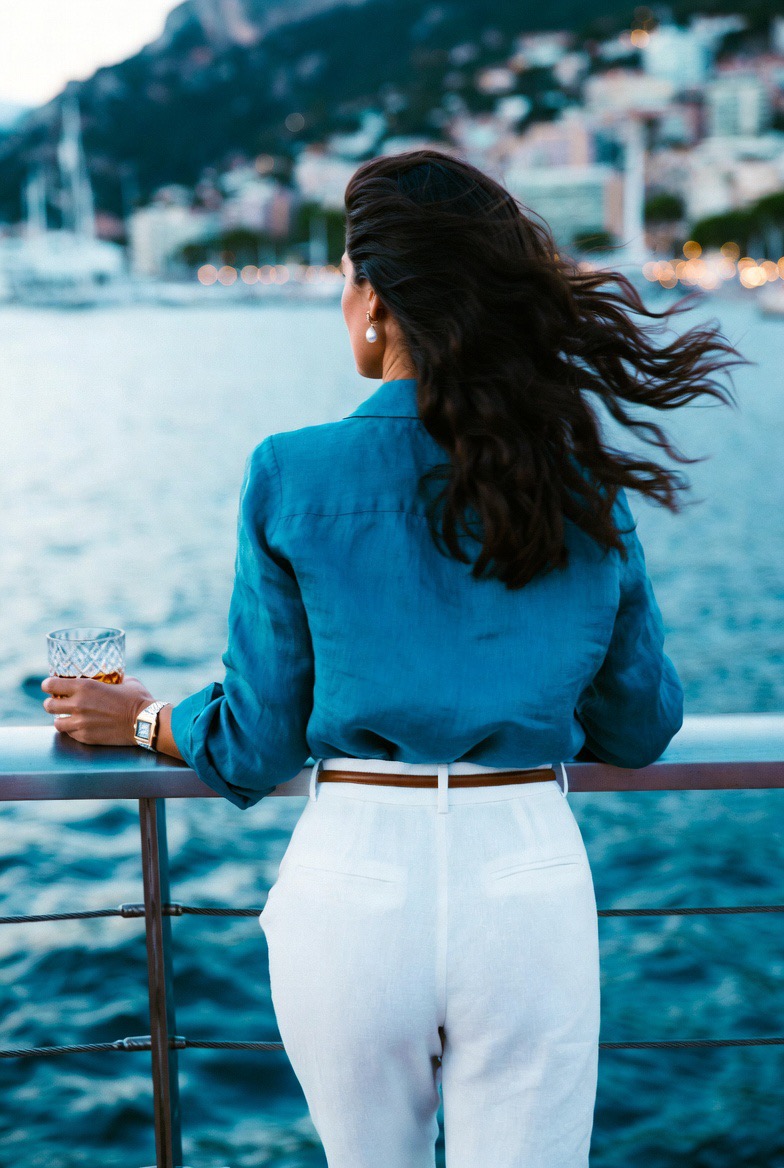 Mujer mirando el puerto al atardecer con su copa de Equus
